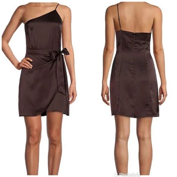 GIANNI BINI Brown Satin One Shoulder Mini Dress Cocktail Wrap Tie Waist Sz 0 New